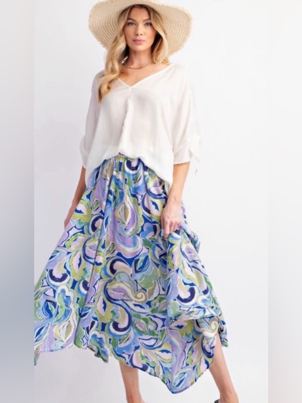 #1198 Easel Blue & Purple Midi Skirt